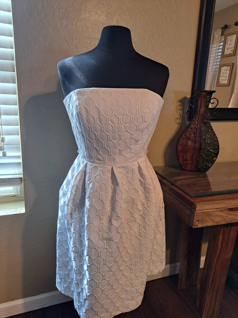 Strapless White Textured Fit & Flare Dress